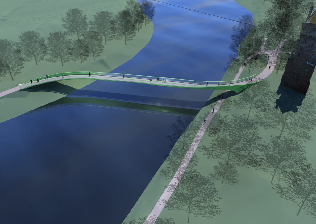 Lechbrücke Landsberg – Aufsicht auf die Brücke im Flusslauf