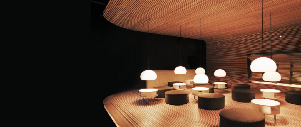 Club Suxul Ingolstadt – Lounge mit Leuchten über der Holzschale