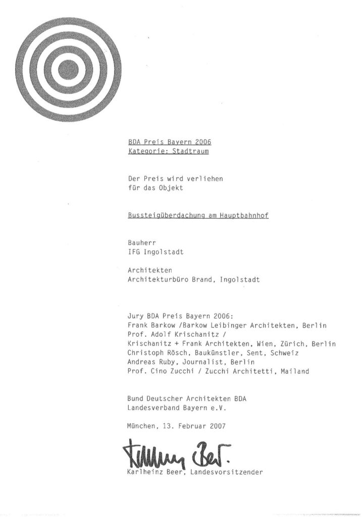 Urkunde BDA Preis Bayern 2006, Kategorie Stadtraum, für die Bussteigüberdachung am Hauptbahnhof Ingolstadt